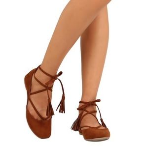 New Women Qupid Webb-04x Faux Suede Square Toe Braided Lace Up Ankle Wrap Flat